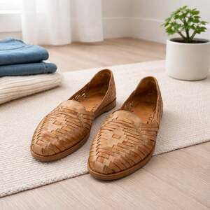 Vintage Huarache Woven Leather Flats Tan Handmade Mexican Slip On Shoes